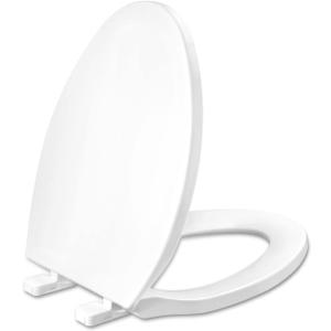 Toilet Seat Elongated, Slow Close Hinges, Four Non-Slip Bumpers, Easy to Install and Clean, Durable Plastic, White Two Sets of Mounting Parts Included