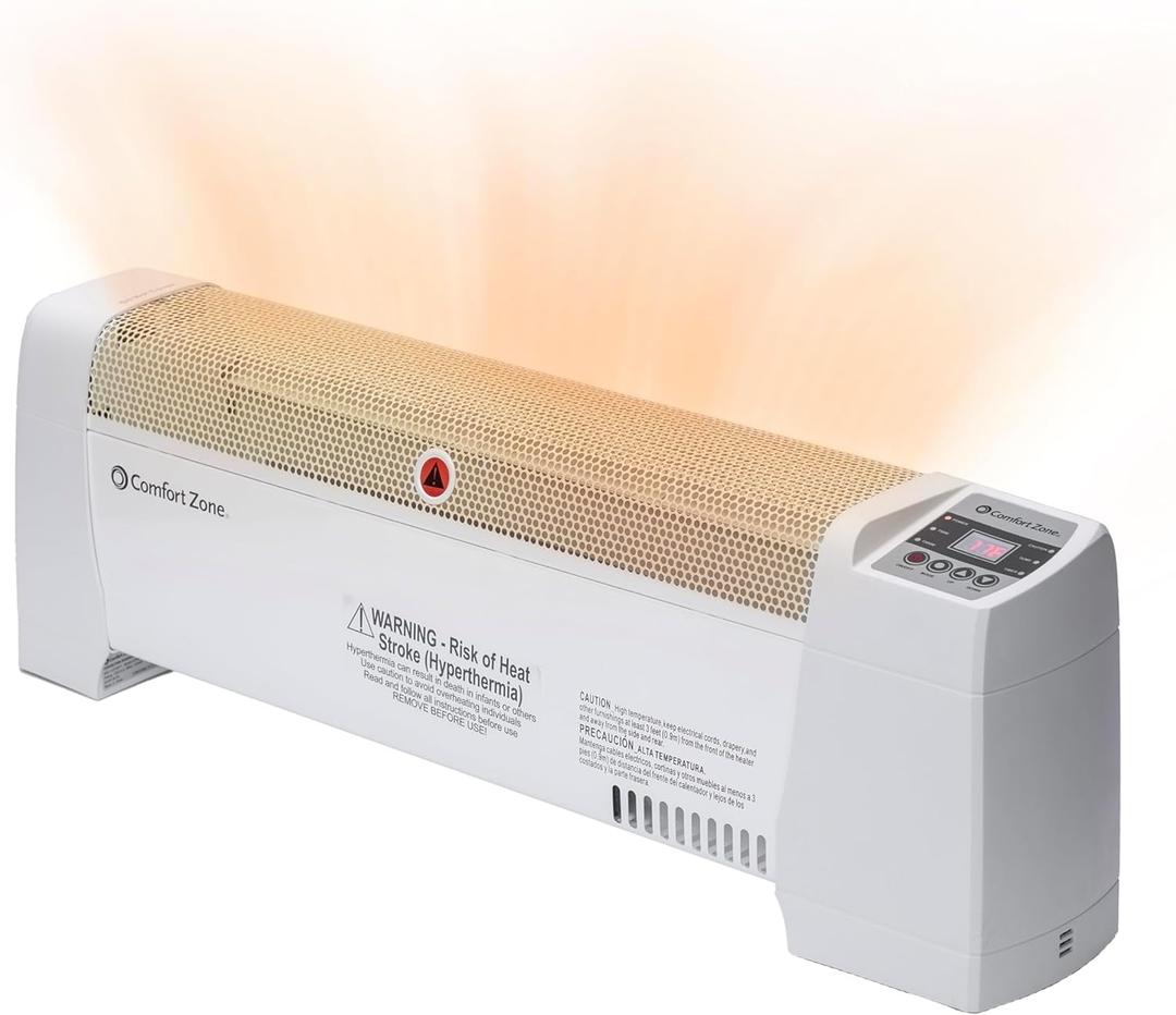 Comfort Zone 1500W Baseboard Heater for Indoor Use, Digital Adjustable Thermostat, 2 Heat Settings, 12H Timer, Dent-Proof Ends, Portable Electric Heater with Overheat & Tip-Over Protection, White