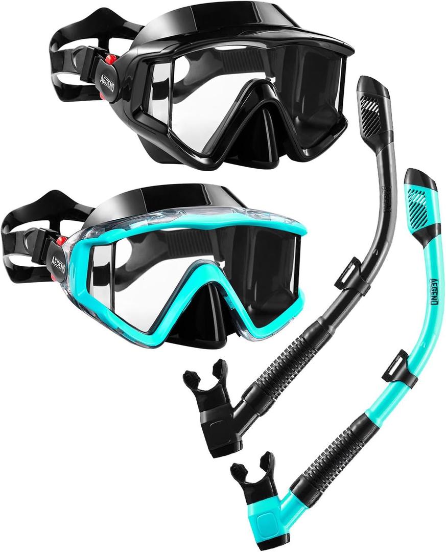 Aegend Snorkeling Gear for Adults, Dry Snorkel Set Panoramic View Enhanced Anti-Leak and Anti-Fog Technology, Adjustable Strap for Snorkeling Scuba Diving Swimming with Mesh Bag (2 PACK-Black & Green)