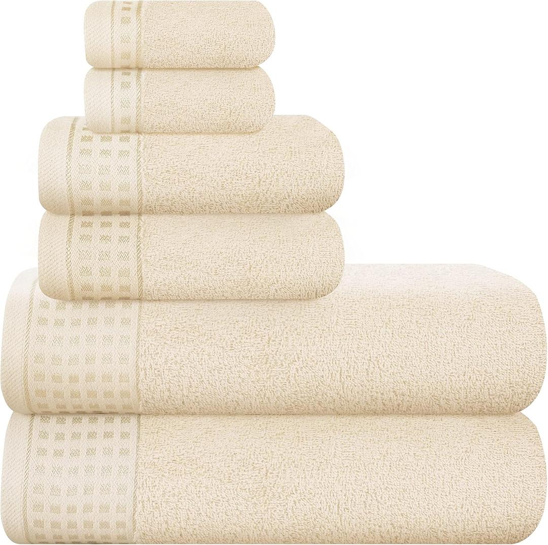 GLAMBURG 100% Cotton Ultra Soft 6 Pack Towel Set, Contains 2 Bath Towels 28x55 Inches, 2 Hand Towels 16x24 Inches & 2 Wash Coths 12x12 Inches, Compact Absorbent Lightweight & Quickdry - Ivory