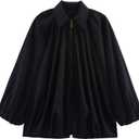 Xunger Women's Puffed Bomber Jacket Oversized Streetwear Casual Batwing Sleeve Lapel Collar Zip Front Pleated Shirts (Large, 01 Black)