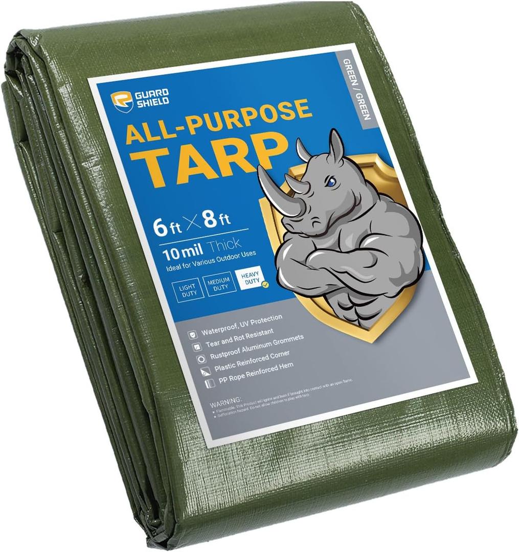 GUARD SHIELD Heavy Duty Tarp 6x8 Feet Green Multi Purpose Thick Waterproof Poly Tarp Cover 10mil