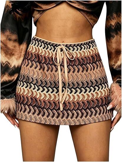 GORGLITTER Women's Crochet Vacation Summer Mini Skirts Boho Beach Hawaiian Party Club Graduation High Waist Knit Skirts Multicolor XX-Large Plus
