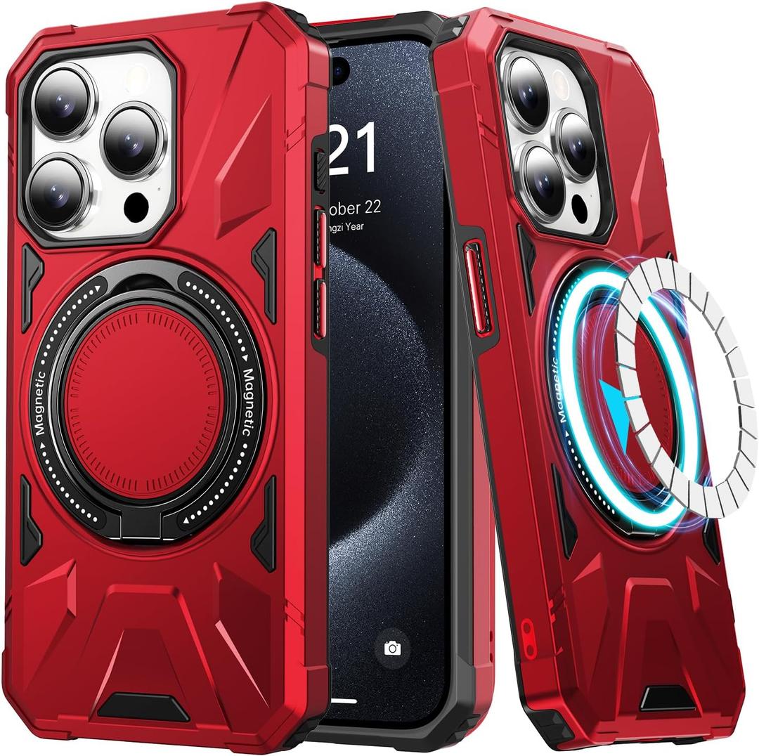 LUMARKE Strong Magnetic for iPhone 15 Pro Case - Military-Grade Drop Tested - Built-in Kickstand Shockproof Protective Phone Cover 6.1 for Women and Girls- Red