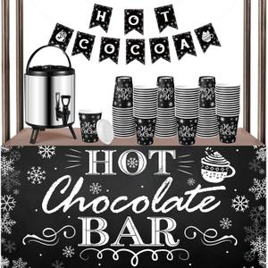 Sliner 103 Pcs Hot Chocolate Stand Bar Supplies Kit Include 1.3 Gallon Hot Cocoa Drink Dispenser, Banner Sign, Tablecloth, 100 Disposable Paper Cups with Lids for Christmas Winter Party(Black) 