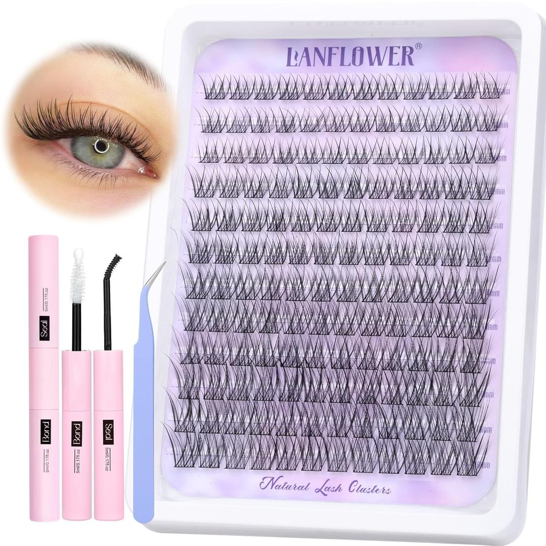 Natural Lash Clusters Kit Wispy Lash Extension Kit Waterproof Lash Clusters C Curved Cluster Eyelash Extensions Kit 144pcs Individual Lashes 10-16mm Eyelash Extension Kit by Lanflower,A-Natural Lash Clusters（Kit）