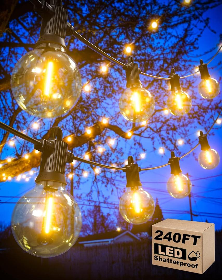 Outdoor String Lights Waterproof, 240FT Patio Lights with 124 Shatterproof G40 Globe Bulb(4 Spare), Connectable Dimmable Hanging LED String Lights for Outside Backyard Porch Balcony (120FTx2)