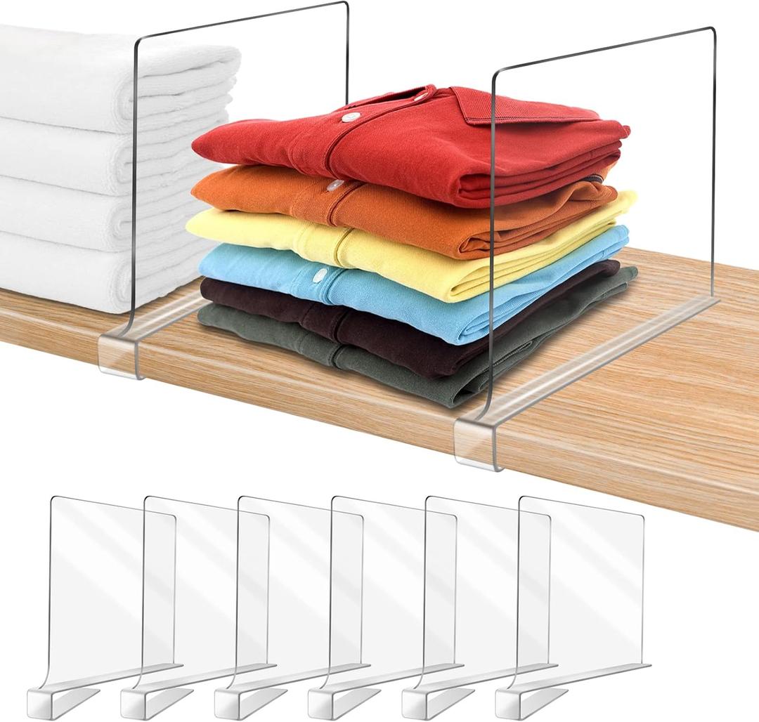 Acrylic Shelf Dividers for Closet Organization 6PCS Closet Shelf Divider Closet Dividers for Shelves Shelf Organizer for Closet Shelf Organizer For Wood Closet Separator Clear (6 Pack)
