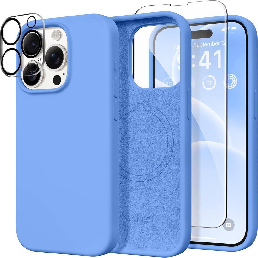 GONEZ Magnetic for iPhone 15 Pro Max Case, [Compatible with MagSafe] Anti-Scratch Microfiber Lining & Screen Protector, Shockproof Slim Phone Silicone Cover 6.7 inch, Sky Blue