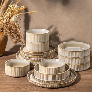 GBHOME Stoneware Dinnerware Sets for 4,16-Piece Plates and Bowls Set | Ribbed Reactive Glaze Ceramic Dish Set, Scratch Resistant, Dishwasher&Microwave Safe,Cappuccino