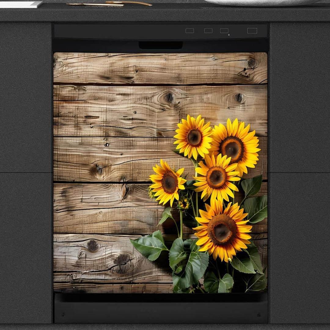 Dishwasher Magnet Cover Retro Wooden Sunflower Reusable Dishwasher Magnetic Cover Sticker Decorative Dish Washer Door Cover Panel for Home Kitcen Appliance, 24"L x 24"W