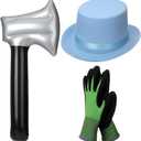 3 Pcs Halloween Costume for Men Included Blue Top Hat Green Textured Gloves and Bloody Inflatable Axe Dumber Costume for Women Adults Halloween Props Accessories