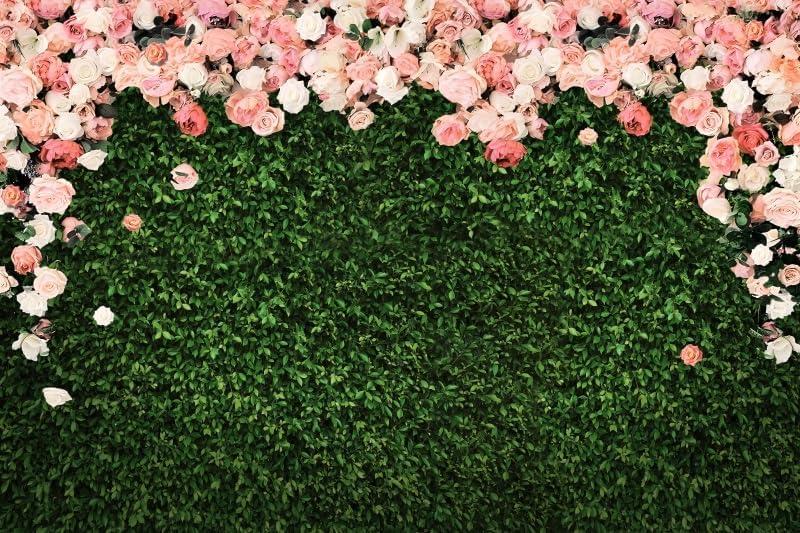 10x8ft Greenery Grass Wall Backdrop Pink Flower Floral Lawn Leaves Valentine's Mother's Day Spring Tea Party Bridal Shower Background Wedding Miss to Mrs Birthday Banner Photo Booth