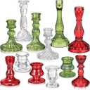 Mumufy 12 Pcs Christmas Glass Crystal Taper Candle Holders Clear Glass Candlestick Holder Fit 0.8 Inch Red Green Ribbed Taper Candlestick Holders Christmas Centerpiece Table Wedding Party (Classic Color)
