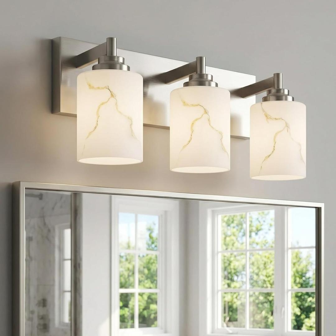 3-Light Bathroom Light Fixture, Brushed Nickel Modern Vanity Light with White Marble Glass Shade, for Bathroom Mirror, Living Room, Bedroom, Hallway, E26 Base, Extended Base