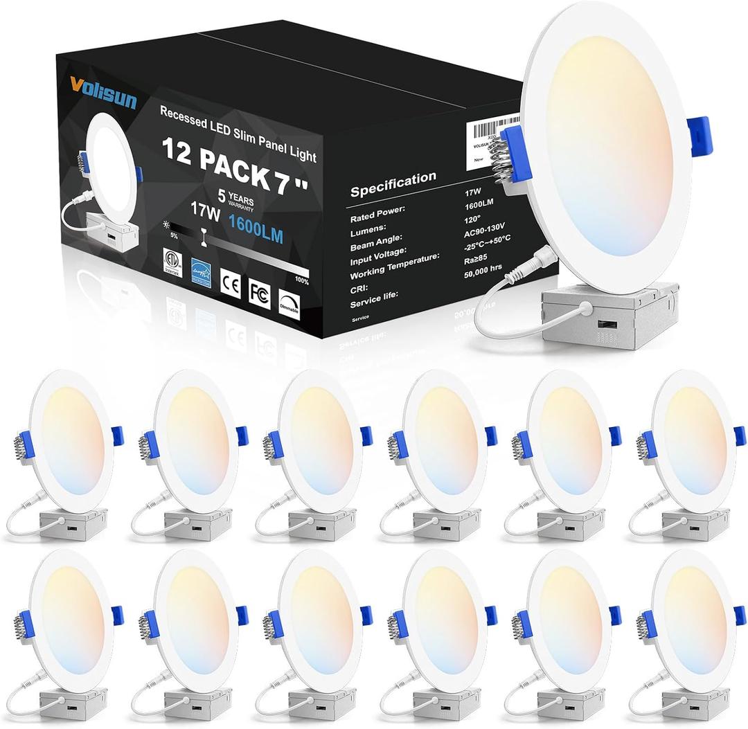 VOLISUN 12 Pack 7 inch Recessed Lighting, 5CCT LED Recessed Light with Junction Box, 2700K-5000K Selectable, Dimmable Canless Wafer Downlight, LED Ceiling Light ETL Certificated