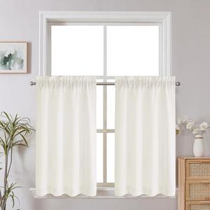 Short Curtains 36 Inch Length, Faux Linen Textured Small Kitchen Curtain, Light Filtering Yellowish Half Window Curtains for Basement Cabinet, Each 30x36 Inch