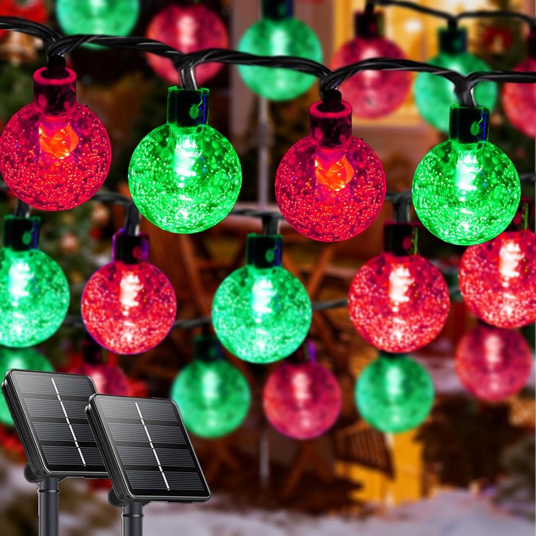 2-Pack 100 LED Red and Green Solar String Lights Outdoor - 64FT Crystal Globe Waterproof Solar Lights for Outside with 8 Lighting Modes for Patio Decorations, Garden, Wedding, Party, Porch, Tree