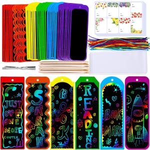 Winlyn 48 Sets 6 Styles Magic Color Scratch Bookmarks Craft Kits Rainbow Scratch Paper Art Sets for Kids Students Party Favors DIY Bookmarks Bulk with Scratching Tools Ribbons for Classroom Activities