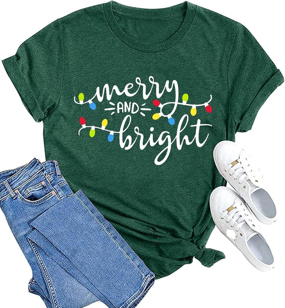 MAIHUN Christmas Shirts Womens Merry and Bright Shirt Xmas Holiday Tshirt Christmas Lights Tee Tops (XX-Large, Green)