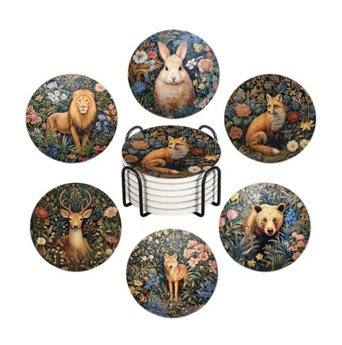 Drink Coasters for Drinks Set of 6, Vintage Botanical Floral Wild Animals Absorbent Round Ceramic Stone Mat Coaster, with Cork Base and Metal Holder, Home Bar Decor House Warming Gift