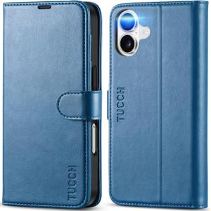 TUCCH Wallet Case for iPhone 16, Magnetic PU Leather Kickstand Flip Cover with 4 Card Slot Shockproof TPU Interior Shell, [RFID Blocking] Folio Case Compatible with iPhone 16 5G 2024, Light Blue