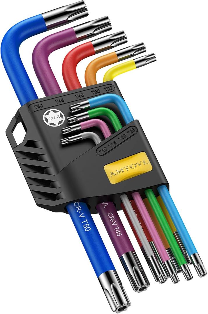 AMTOVL Star Allen Wrench Set, 9PCS Star Key Set, T10-T50, Long Arm Star Key Set, Color Coding TX Key Set for Vehicle, and Bicycle Repairs