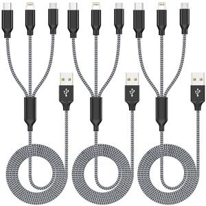 Multi Charging Cable 4ft 3Pack 3 in 1 Charger Cord, Multiple Rapid Nylon Braided Cable USB Charging Cable Multi Phone Charger Cord with Type C Micro Lightning USB Connectors for Cell Phones