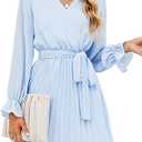 BBX Lephsnt Women’s Summer Casual Wedding Guest Dress Long Puff Sleeve V Neck Pleated Ruffle Flowy Belted Mini Dress, M