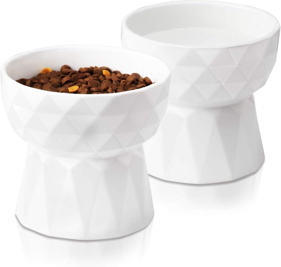 Frewinky Cat Bowls,Ceramic Cat Bowls Anti Vomiting,Raised Food and Water Bowl Set for Cats and Small Dogs, 13.5 Oz Pure White (Pack of 2)