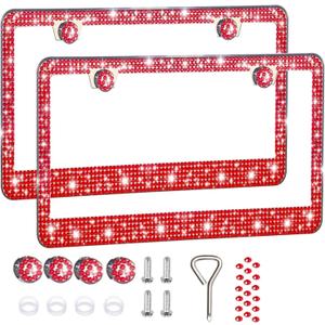 2 Pack License Plate Frames for Women, Sparkly Rhinestone Diamond Car Accessories with Glitter Crystal Caps (Red(2PCS))