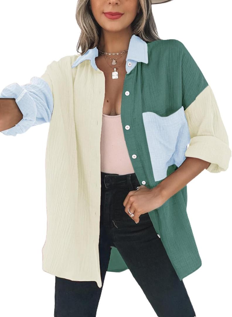 Dokotoo School Outfits for Teachers Spring Button Up Lightweight Shirts V Neck Collared Long Sleeve Plus Size Tops for Women Casual Color Block Summer Resort Wear Blouses with Pockets Dark Green L (L)
