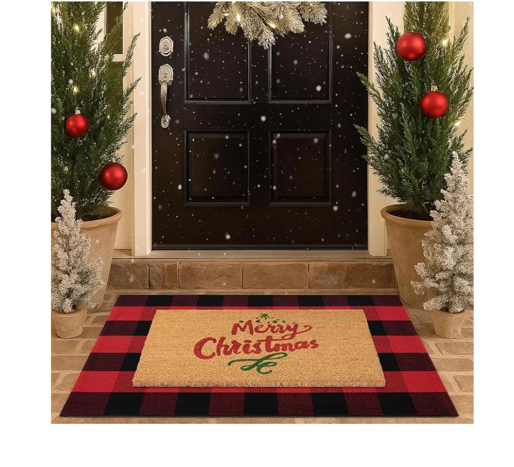 Christmas Door Mat Combo Set - 100% Coco Coir Welcome Mat + 28 x 43 Inch Red and Black Plaid Rug, New Year Holiday Christmas Collection Doormat for Front Porch Entryway Decor