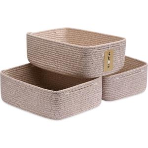 MiniArk Large Shallow Organizing Baskets 15x11x5.1 Inches - Rope Woven Storage Bins for Bathroom, Shelves, Cube Closet, Mixed Brown 3 Packs (Natural)