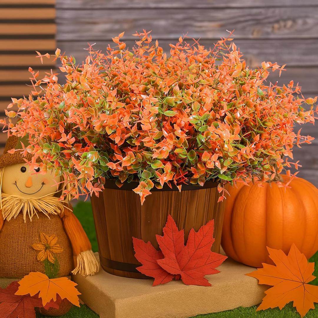 LiuSuper 16 Bundles Fall Flowers Artificial for Decoration, UV Resistant Fall Fake Flowers No Fade, Faux Fall Plants Arrangement for Thanksgiving Porch Home Garden Fireplace (Fall Orange 16*Boxwood)
