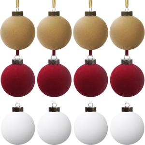 12 Pcs Velvet Christmas Balls Bulk Shatterproof Plastic Christmas Tree Decorations for Decorative Hanging Baubles (12, WhiteWine redKhaki, 3.94Inch)