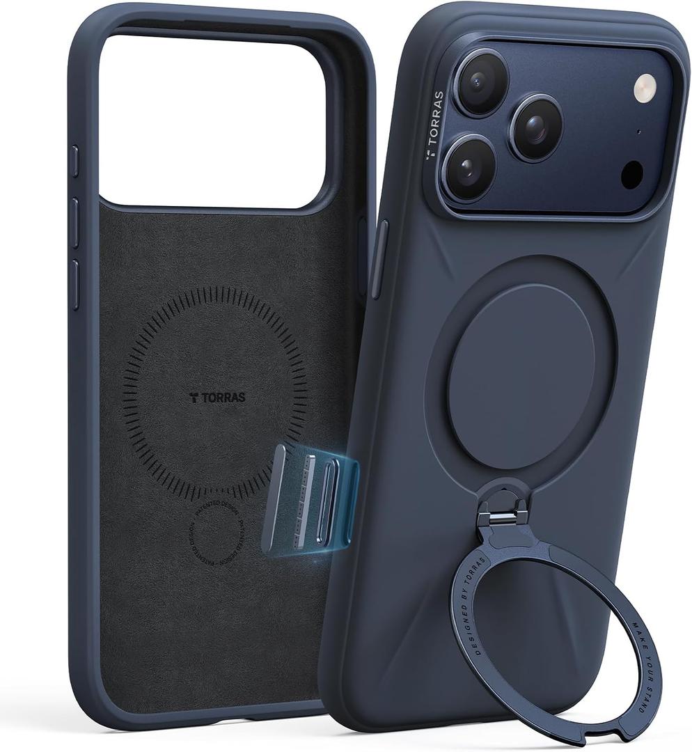 TORRAS Q3 Silicone for iPhone 17 Pro Max Case with Stand, Fit for MagSafe, Liquid Silicone Cozy Grip, 360 Spin Stand, Camera Control, Protective for iPhone 17 Pro Max Phone Case Silicone, Deep Blue