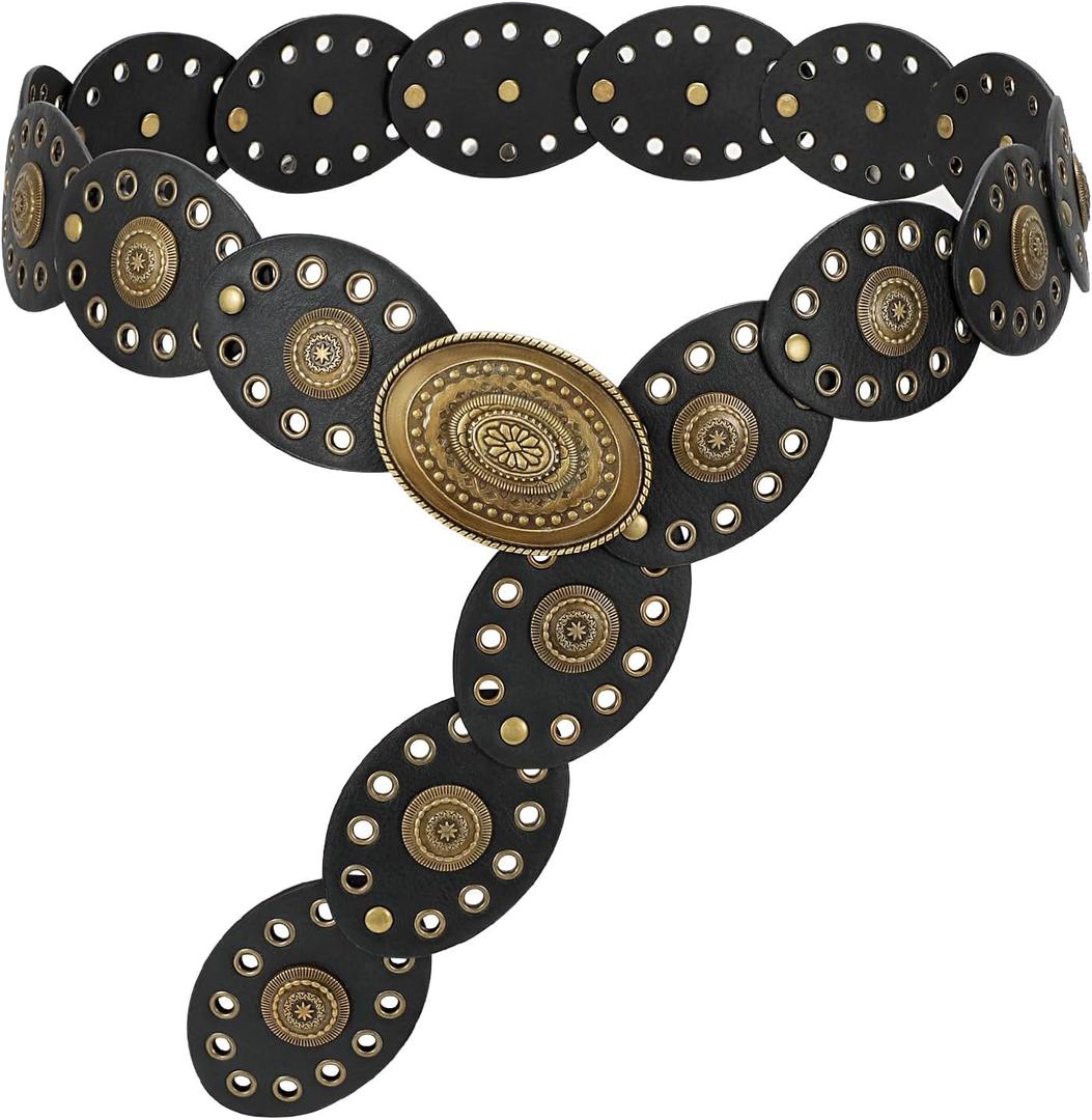 LEACOOLKEY Hollow Western Disc Belt for Dress Boho Concho Belt Vintage Country Waist Belts for Women (Black)