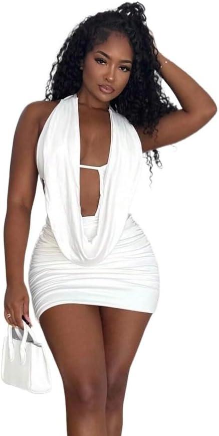 Women's Summer Solid Color Sexy Lace-Up Deep V-Neck Halter Backless Bodycon Mini Dress, Size: XS