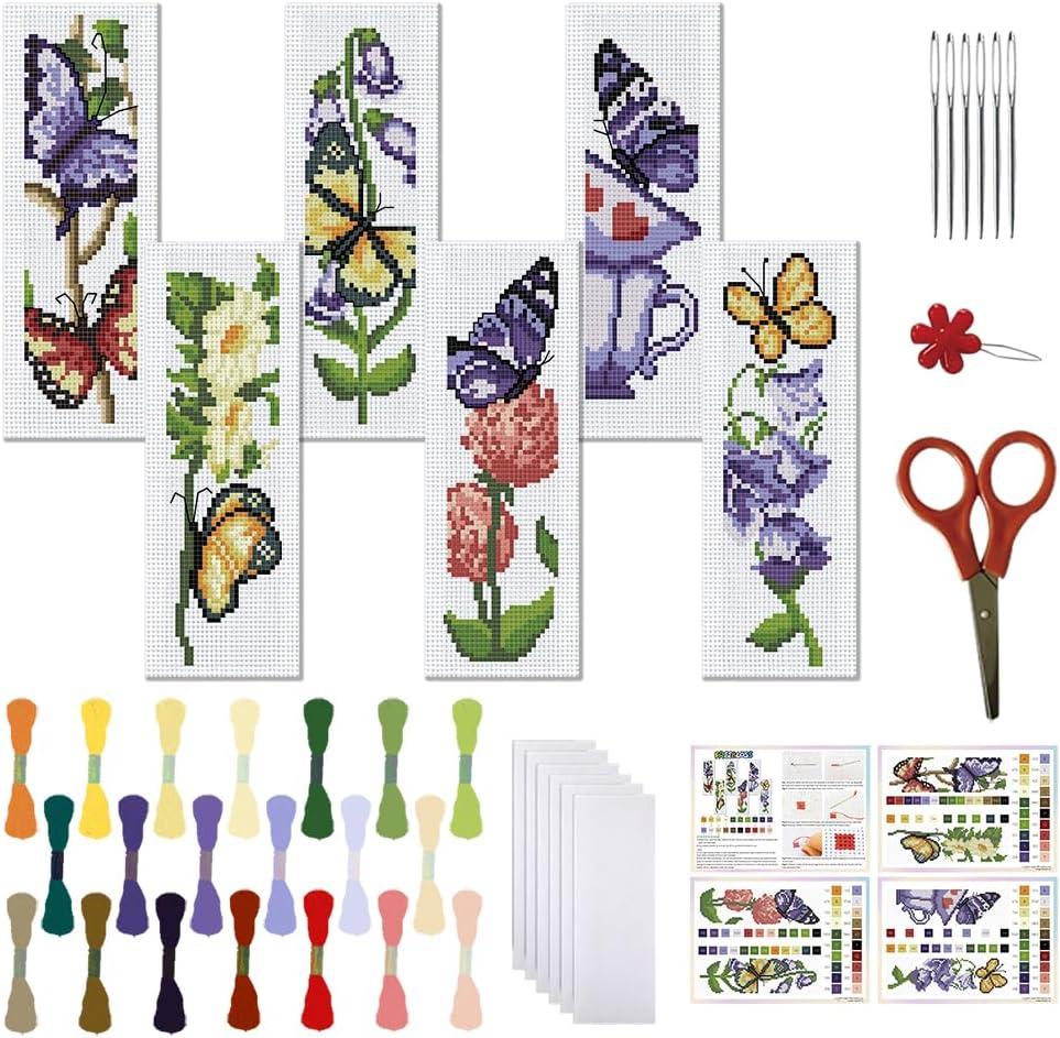 FREEBLOSS 6 Set Bookmark Cross Stitch Kits Stitch Bookmark Cross Stitch Kits with Instructions Butterfly Pattern Cross Stitch Kit for Beginners Bookmark Making Kit for Gift (Purple)