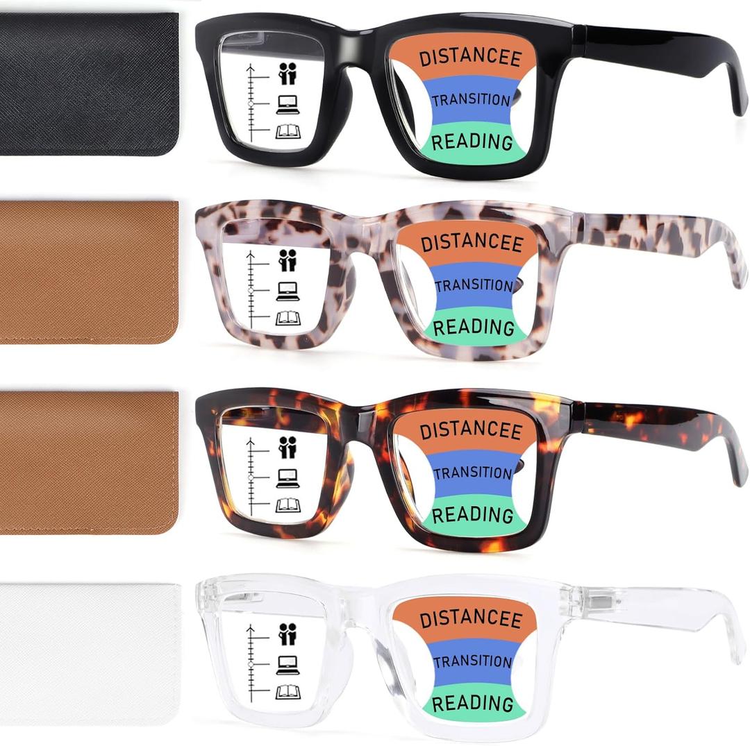 TRENVIE 4 Pack Progressive Multifocus Reading Glasses for Women Men, Blue Light Blocking Spring Hinge Computer Readers (Black & Leopard & Tortoise & Clear, 2.75, Diopters)
