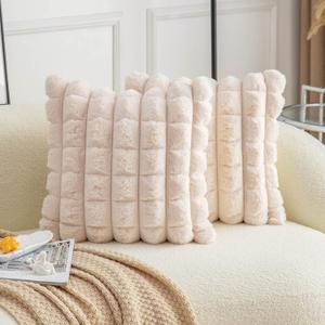 Neelvin Beige Faux Fur Cozy Soft Plaid Decorative Throw Pillow Covers 18x18 inch Set of 1,Velvet Pillowcase Cushion Case for Sofa Couch