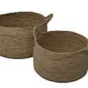 Decorative Round Wicker Woven Rope Storage Blanket Basket with Braided Handles - Set of 2