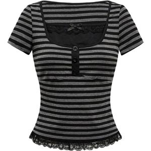 Verdusa Women's Y2K Striped Bow Lace T Shirts Button Front Square Neck Short Sleeve Fitted Tops (Black, S)