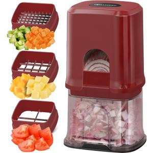 KEOUKE Vegetable Chopper 3 Interchangeable Blades Onion Chopper Multi-functional Potato French Fry Cutter Manual Vegetable Cutter Dicer for Cucumber, Tomato, Carrot with Container & Storage Box, Red