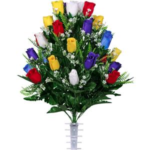 Sympathy Silks Artificial Cemetery Flowers - Realistic - Outdoor Grave Decorations - 30 Stems Assorted Mix of Red Blue Purple Yellow and White Roses (Bouquet)