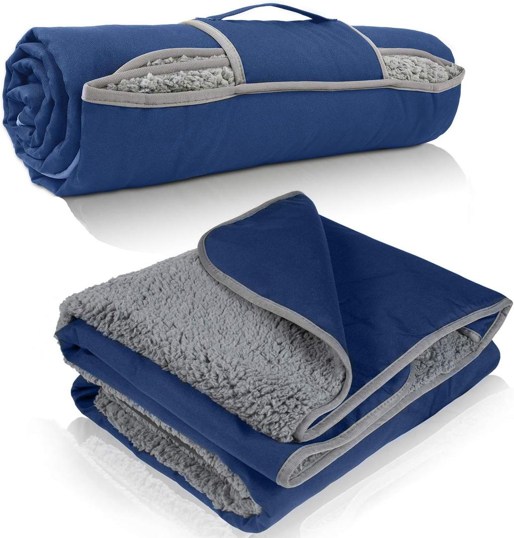 Tirrinia Waterproof Outdoor Blanket with Sherpa Lining, Windproof Triple Layers Warm Comfy Foldable for Camping Stadium, Beach, Picnic, Grass, Concerts, Car, Dog, 51''X 59'' & 59''X 80'' (Navy/Grey)