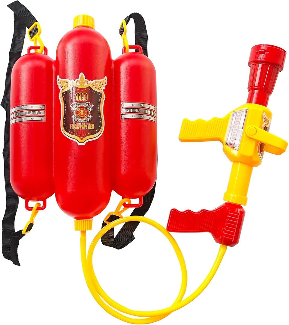 Firefighter Water Gun Backpack, Water Blaster Tank with Hose Sprayer for Outdoor Games, Pool Parties, Beach Fun, and Summer Activities, Medium