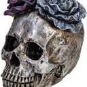 WENYLE Halloween Skull Statues Home Decor Day of Dead Purple Grey Rose Silver Skull Resin Figurine Flower Skull Decor 7.25" L