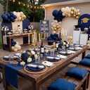 KIRE 350Pcs Blue and Gold Plates -Heavy Duty Navy Blue Dinnerware Set - 100 Plastic Plates 50 Pre Rolled Napkins with Gold Plastic Silverware 50 Cups for Birthday/Wedding/Party/Graduation/Memorial Day